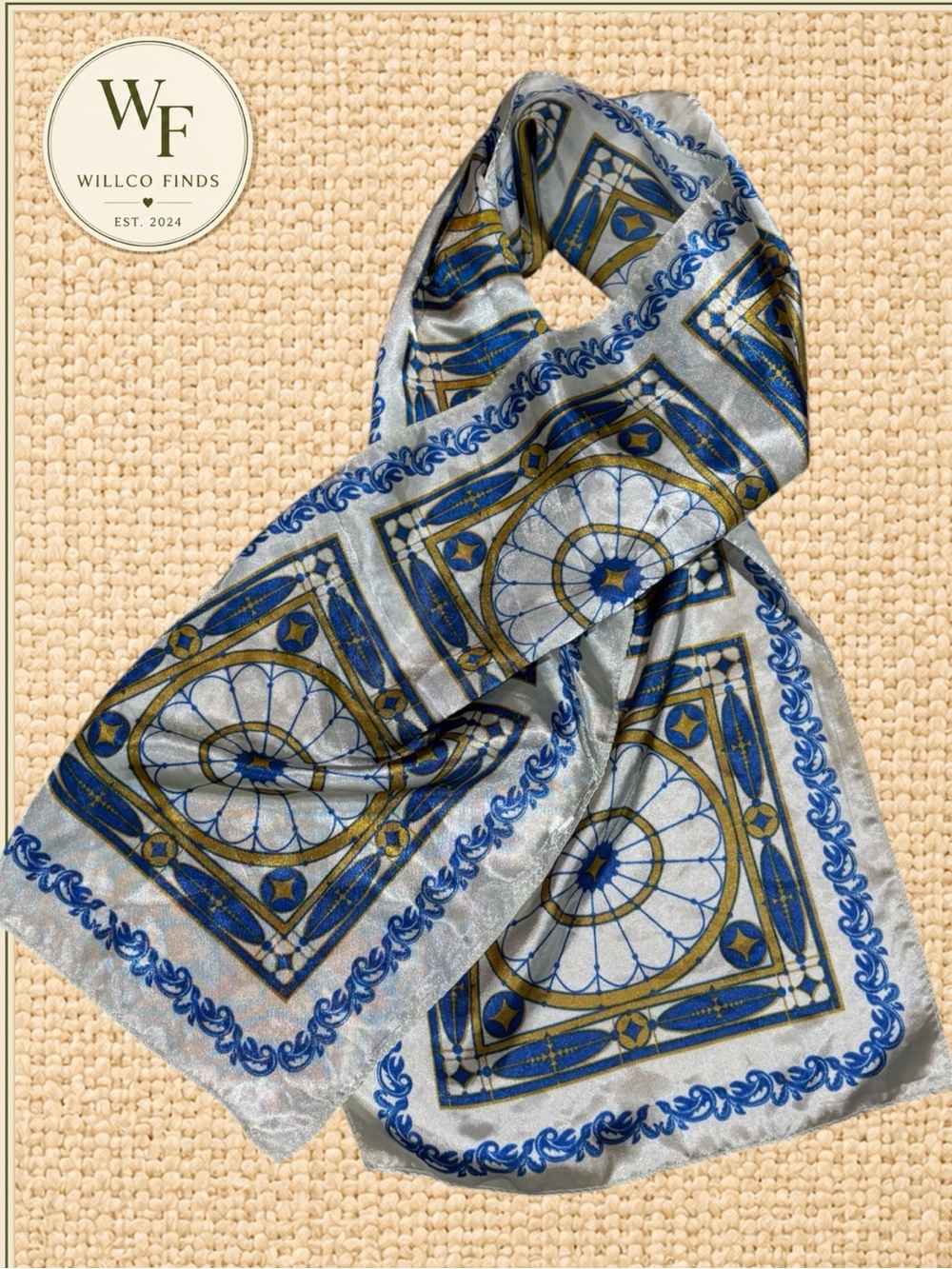 Vintage Style Blue Gold Ivory Geometric Medallion Long Scarf 48”